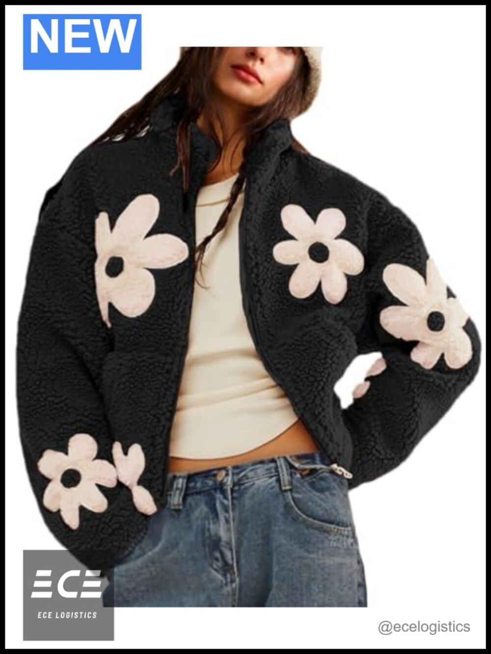 Maixang Womens Floral Sherpa Fleece Jacket Fuzzy Teddy Cropped Coat